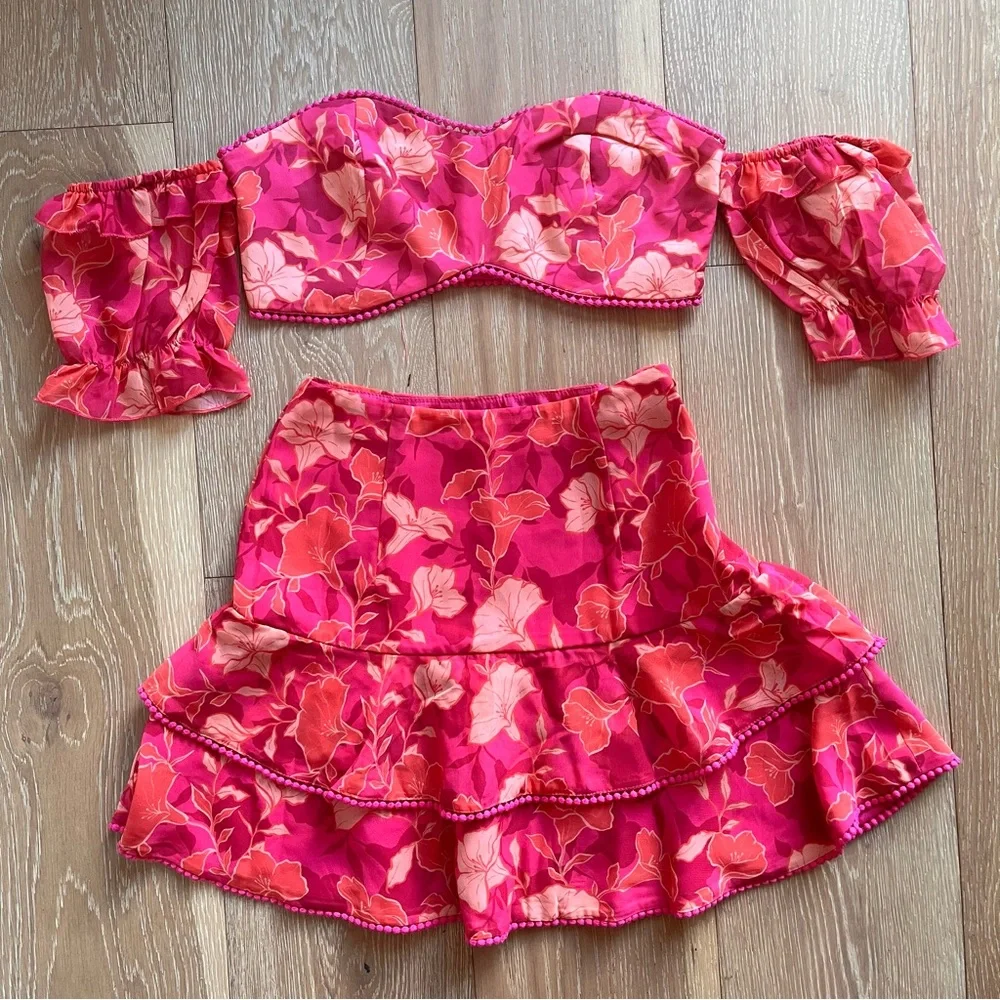 Showpo. Final Resort two piece ruffle sleeve mini skirt set  in berry floral - Picture 2 of 16